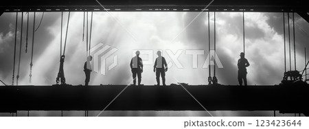 Industrial evolution: A monochrome portrayal of early twentieth century bridge and skyscraper construction, engineering feats and architectural reflecting the spirit of innovation. Industrial evolution: A monochrome portrayal of early twentieth century bridge and skyscraper construction, engineering feats and architectural reflecting the spirit of innovation. 123423644