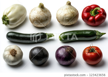 Vegetable assortment: A collection of vegetables isolated on a white background, displaying a variety of fresh produce with different shapes and colors, arranged for a clean and simple visual effect. Vegetable assortment: A collection of vegetables isolated on a white background, displaying a variety of fresh produce with different shapes and colors, arranged for a clean and simple visual effect. 123423656