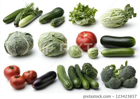 Vegetable assortment: A collection of vegetables isolated on a white background, displaying a variety of fresh produce with different shapes and colors, arranged for a clean and simple visual effect. 123423657