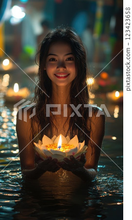 Radiant Loy Krathong: A serene festival with beautifully lit krathongs drifting peacefully, marking a night of reflection, tradition, and heartfelt offerings on the water. Radiant Loy Krathong: A serene festival with beautifully lit krathongs drifting peacefully, marking a night of reflection, tradition, and heartfelt offerings on the water. 123423658