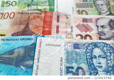 Stack of Norwegian krone and Croatian Kuna Stack of Norwegian krone and Croatian Kuna 123423740