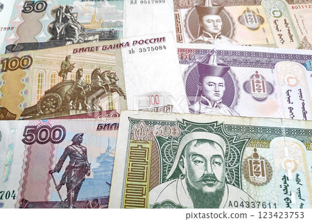 Stack of Russian Rubles and Mongolian Togrog Stack of Russian Rubles and Mongolian Togrog 123423753
