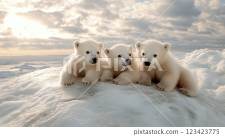 White polar bears: Arctic mammal, snowy adaptation, icy predator, majestic creature, tundra survival, marine wanderer, northern species, climate threat, endangered wildlife, glacial predator. 123423775