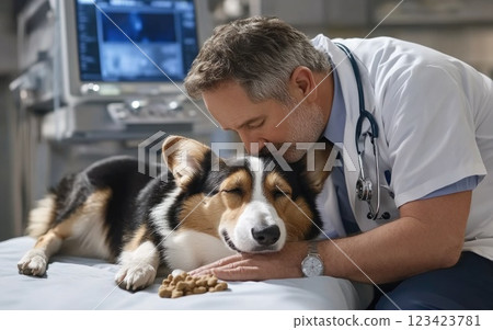 A veterinarian gently interacts with a corgi, ensuring the dog feels comfortable before its MRI scan. The clinic uses advanced imaging technology for accurate diagnoses A veterinarian gently interacts with a corgi, ensuring the dog feels comfortable before its MRI scan. The clinic uses advanced imaging technology for accurate diagnoses 123423781