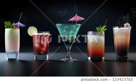 Beverage variety: alcohol blends, mocktails display, colorful mixes, elegant garnishes, chilled servings, bar atmosphere, diverse drinks, creative creations, glass elegance, refreshing taste. 123423783