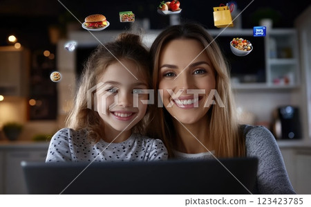 Family bonding: mother and daughter exploring marketplace through laptop, adding items to cart with icons, placing orders, experiencing streamlined shopping, embracing ease of virtual purchasing. Family bonding: mother and daughter exploring marketplace through laptop, adding items to cart with icons, placing orders, experiencing streamlined shopping, embracing ease of virtual purchasing. 123423785