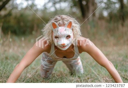 Quadrobics: children in animal masks, playful fun, energetic movement, joyful activity, imaginative expression, dynamic exercise, creative play, colorful costumes, atmosphere engaging interaction. Quadrobics: children in animal masks, playful fun, energetic movement, joyful activity, imaginative expression, dynamic exercise, creative play, colorful costumes, atmosphere engaging interaction. 123423787