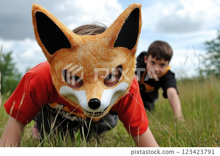 Quadrobics: children in animal masks, playful fun, energetic movement, joyful activity, imaginative expression, dynamic exercise, creative play, colorful costumes, atmosphere engaging interaction. 123423791