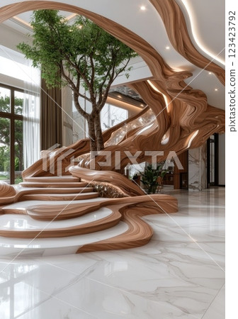 Organic futurism: symbiosis of nature and architecture in a future space with flowing lines and natural light Organic futurism: symbiosis of nature and architecture in a future space with flowing lines and natural light 123423792