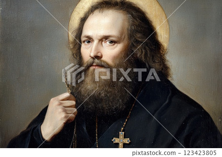 Sacred icon: A portrait of Saint Josaphat, capturing the revered image of this martyr and bishop, symbolizing faith and devotion, that reflect the spiritual significance of his life and legacy. Sacred icon: A portrait of Saint Josaphat, capturing the revered image of this martyr and bishop, symbolizing faith and devotion, that reflect the spiritual significance of his life and legacy. 123423805