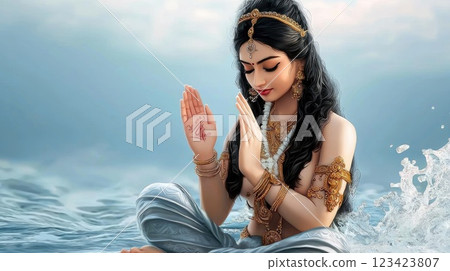 Divine flow: ethereal depiction of Ganga Goddess, purity and spiritual cleansing, captured in serene, majestic form, embodying sacred river's life-giving essence, her revered place in Hindu tradition. 123423807