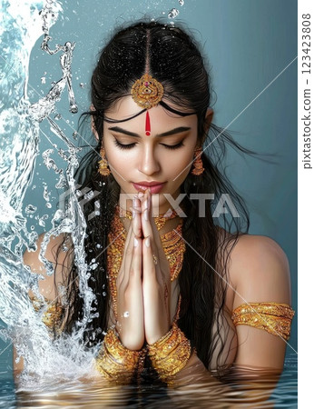 Divine flow: ethereal depiction of Ganga Goddess, purity and spiritual cleansing, captured in serene, majestic form, embodying sacred river's life-giving essence, her revered place in Hindu tradition. Divine flow: ethereal depiction of Ganga Goddess, purity and spiritual cleansing, captured in serene, majestic form, embodying sacred river's life-giving essence, her revered place in Hindu tradition. 123423808