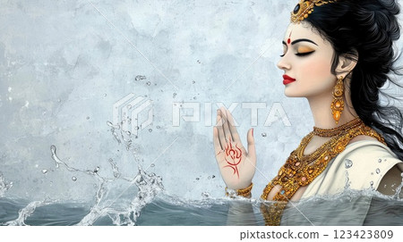 Sacred presence: portrayal of Ganga Goddess, representing embodiment of divine grace and the sacred river's eternal flow, reflecting role as source of spiritual renewal, revered figure in Hinduism. Sacred presence: portrayal of Ganga Goddess, representing embodiment of divine grace and the sacred river's eternal flow, reflecting role as source of spiritual renewal, revered figure in Hinduism. 123423809