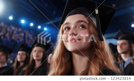 Graduation celebration: students in gowns, joyful caps, proud achievement, happy faces, academic success, ceremony excitement, milestone moment, educational pride, graduate joy, future prospects. 123423814
