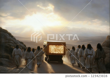 Divine Relic: Ark of the Covenant, Hebrews' sacred chest, acacia wood, pure gold, biblical tradition, desert passage, holy artifact, ancient faith, spiritual symbol, sacred journey, revered legacy. 123423816