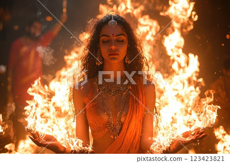 Goddess Parvati: A portrayal highlighting the sacred beauty and divine qualities of Parvati, emphasizing her role as the embodiment of devotion and nurturing in the rich tapestry of Hindu mythology. 123423821