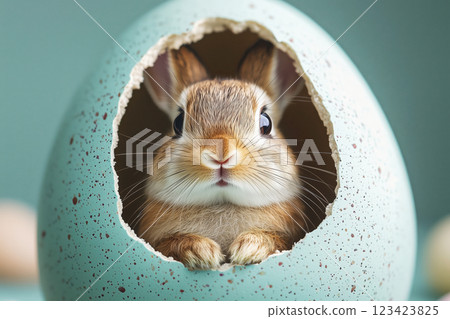 Cute baby rabbit peeking out of an Easter egg 123423825