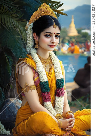 Divine presence: Portrait of Goddess Sita celebrated during Rama Navami, Dussehra, and Diwali, reflecting her integral role in these festivals honoring her strength and devotion. Divine presence: Portrait of Goddess Sita celebrated during Rama Navami, Dussehra, and Diwali, reflecting her integral role in these festivals honoring her strength and devotion. 123423827