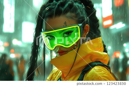 Digital allure: girl in a holographic mask, mix of traditional, futuristic clothing, vibrant technologically saturated city background, showcasing fusion of pop surrealism, cyberpunk fashion styles. Digital allure: girl in a holographic mask, mix of traditional, futuristic clothing, vibrant technologically saturated city background, showcasing fusion of pop surrealism, cyberpunk fashion styles. 123423830