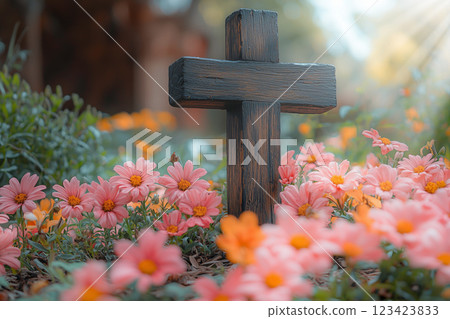 Serene scene of a wooden cross surrounded by flowers 123423833