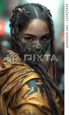 Futuristic beauty: girl adorned digital holographic mask, traditional fabrics, futuristic materials, set against bustling, tech-filled cityscape, merging pop surrealism, cyberpunk fashion elements. 123423834