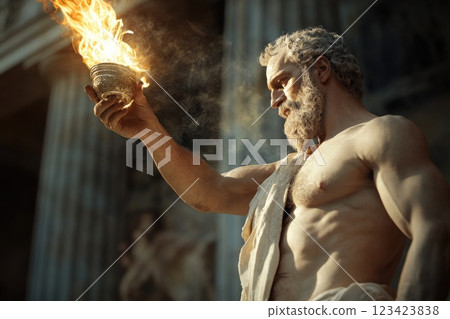 Titan of fire: An illustration of Prometheus, the Greek Titan defiance of the gods by bringing fire to humans, representing the profound impact on technology and the advancement of civilization. 123423838