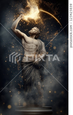Titan of fire: An illustration of Prometheus, the Greek Titan defiance of the gods by bringing fire to humans, representing the profound impact on technology and the advancement of civilization. 123423839