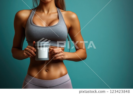 Health Journey: A container with a blank white label, woman's abdomen symbolizing wellness, fitness, body goals, highlighting weight loss, exercise, tools aiding slimming progress. Health Journey: A container with a blank white label, woman's abdomen symbolizing wellness, fitness, body goals, highlighting weight loss, exercise, tools aiding slimming progress. 123423848
