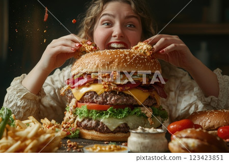 Health concern: excess fat, improper eating, junk meals, sedentary routine, weight problem, bad nutrition, body imbalance, food addiction, lifestyle issue, diet mistake, physical burden. 123423851