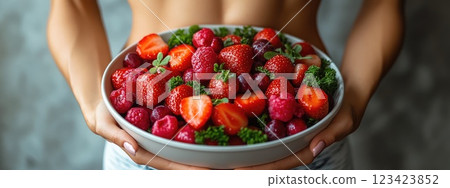 Wellness Vision: A harmonious human figure representing the integration of proper nutrition and diet, emphasizing fitness and a healthy lifestyle, showcasing the commitment to overall well-being. 123423852