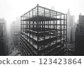 Vintage skyline: A black and white depiction of early twentieth century bridge and skyscraper construction, architectural ambition and industrial progress of an era, rise of urban landscapes. 123423864