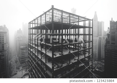 Vintage skyline: A black and white depiction of early twentieth century bridge and skyscraper construction, architectural ambition and industrial progress of an era, rise of urban landscapes. Vintage skyline: A black and white depiction of early twentieth century bridge and skyscraper construction, architectural ambition and industrial progress of an era, rise of urban landscapes. 123423864