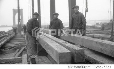 Vintage skyline: A black and white depiction of early twentieth century bridge and skyscraper construction, architectural ambition and industrial progress of an era, rise of urban landscapes. 123423865