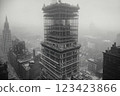 Industrial evolution: A monochrome portrayal of early twentieth century bridge and skyscraper construction, engineering feats and architectural reflecting the spirit of innovation. 123423866