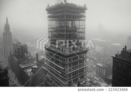 Industrial evolution: A monochrome portrayal of early twentieth century bridge and skyscraper construction, engineering feats and architectural reflecting the spirit of innovation. 123423866