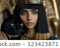 Ancient royalty: A captivating depiction of an Egyptian queen with a black wildcat, highlighting opulence and strength of queen's presence alongside her powerful, enigmatic pet. 123423871