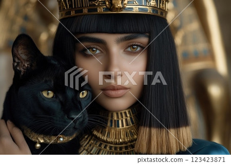 Ancient royalty: A captivating depiction of an Egyptian queen with a black wildcat, highlighting opulence and strength of queen's presence alongside her powerful, enigmatic pet. 123423871