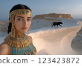 Ancient royalty: A captivating depiction of an Egyptian queen with a black wildcat, highlighting opulence and strength of queen's presence alongside her powerful, enigmatic pet. 123423872