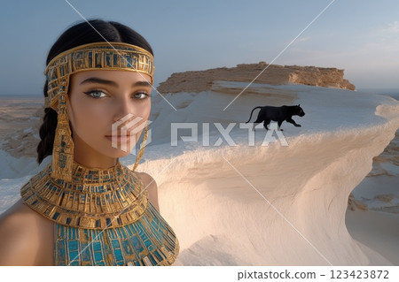 Ancient royalty: A captivating depiction of an Egyptian queen with a black wildcat, highlighting opulence and strength of queen's presence alongside her powerful, enigmatic pet. 123423872