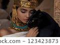 Ancient royalty: A captivating depiction of an Egyptian queen with a black wildcat, highlighting opulence and strength of queen's presence alongside her powerful, enigmatic pet. 123423873