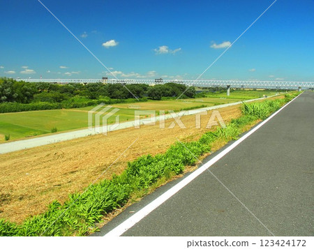 Edogawa riverbed landscape with a midsummer soccer field Edogawa riverbed landscape with a midsummer soccer field 123424172