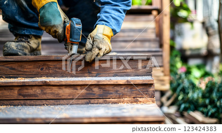 Skilled Handyman Repairing Broken Stair Railing with Power Tool on Outdoor Steps 123424383