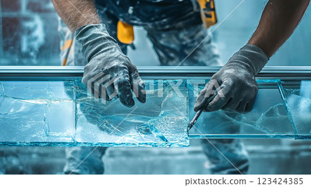 Professional Repairing of Broken Window Pane by Skilled Worker with Gloves and Tools 123424385