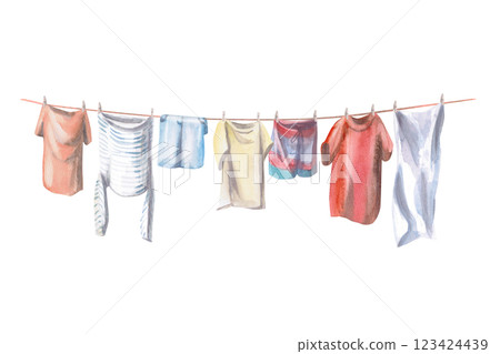 Drying laundry hanging on a line. Isolated watercolor illustration for decorating washing powders, cleaning products, household scenes. Drying laundry hanging on a line. Isolated watercolor illustration for decorating washing powders, cleaning products, household scenes. 123424439