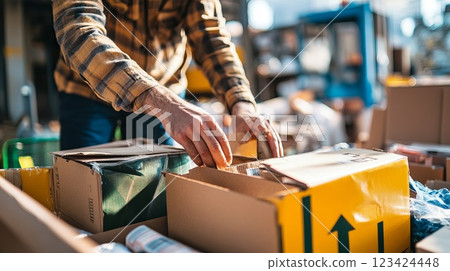 Man Organizing Paper and Cardboard Waste at Recycling Center for Sustainable Environmental Practices 123424448