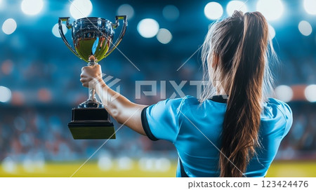 Female Athlete Celebrates Victory by Holding Up Trophy in Sports Competition Event 123424476