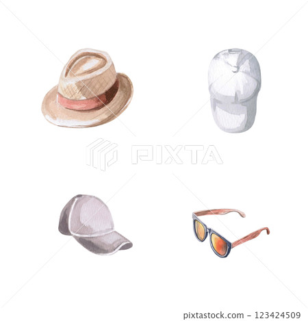 Set of hats and glasses. Isolated watercolor illustration of attributes of vacation life, for design of printing of sport shops, travel agencies, printing on t-shirts. 123424509