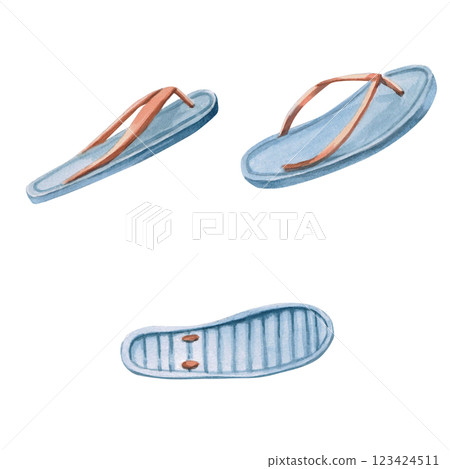 Set of different angles of flip-flops. Isolated watercolor illustration of flip-flops, as an attribute of vacation life, for the design of printed materials for sports stores, travel agencies. 123424511