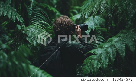 Solo Traveler with Camera Capturing Nature in Lush Greenery Forest Environment 123424572