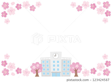 Spring cherry blossoms and school frame illustration 123424587